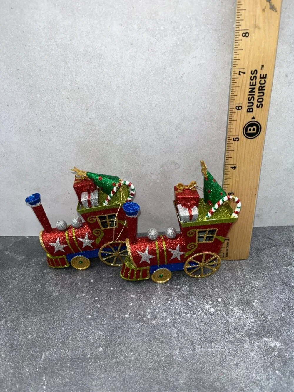 Vintage Pier One Pier 1 Metal Glitter Christmas Train Ornaments Red Green Blue